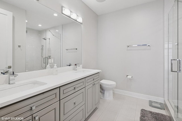 236 S Racine Ave Unit 304, Chicago, IL 60607 - full bathroom with toilet, a stall shower, double vanity, baseboards, and recessed lighting
