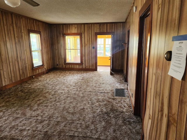 931 S Nelson Ave, Kankakee, IL 60901 - carpeted spare room with a textured ceiling, wooden walls, and ceiling fan
