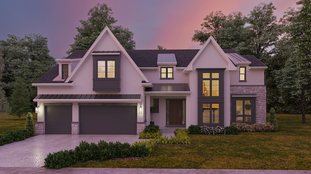 view of front facade with stone siding, a front lawn, driveway, a standing seam roof, and stucco siding