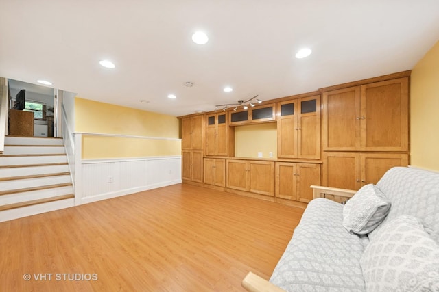 3 Starwood Ct, Bolingbrook, IL 60490 - sitting room featuring light wood-style flooring, a wainscoted wall, recessed lighting, and stairway