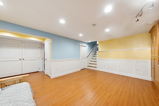 3 Starwood Ct, Bolingbrook, IL 60490 - basement with wainscoting, light wood-style floors, stairway, and recessed lighting