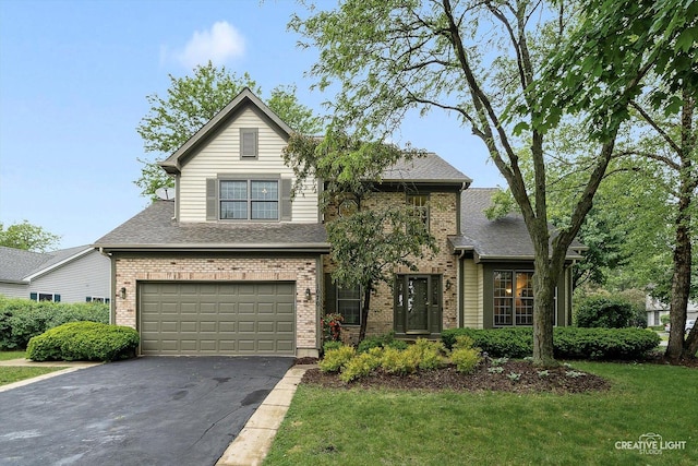 1070 Hobble Bush Ln, Elgin, IL 60120 - traditional-style home featuring brick siding, asphalt driveway, a garage, roof with shingles, and a front yard