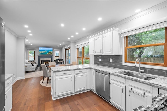 1070 Hobble Bush Ln, Elgin, IL 60120 - kitchen with stainless steel dishwasher, crown molding, a sink, a peninsula, and a warm lit fireplace