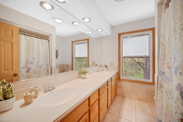 32381 N Forest Dr, Grayslake, IL 60030 - bathroom with plenty of natural light, tile patterned floors, double vanity, and a shower with curtain
