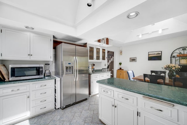 32381 N Forest Dr, Grayslake, IL 60030 - kitchen with stainless steel appliances, white cabinets, dark countertops, and recessed lighting
