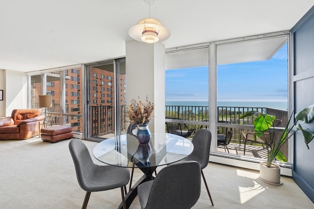 carpeted dining room featuring a wall of windows and a water view