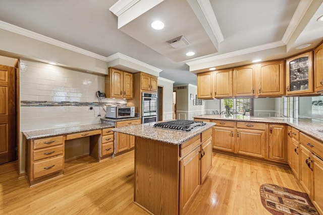 6 Old Timber Ln, Palos Park, IL 60464 - kitchen with ornamental molding, appliances with stainless steel finishes, light wood-style floors, light stone counters, and backsplash