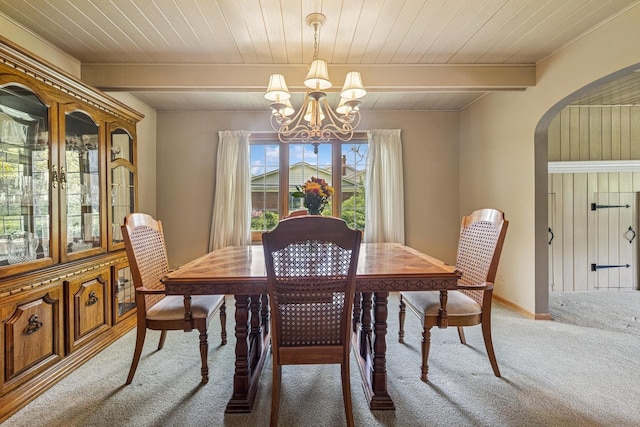 6 Old Timber Ln, Palos Park, IL 60464 - dining room with carpet floors, arched walkways, a chandelier, wood ceiling, and beam ceiling
