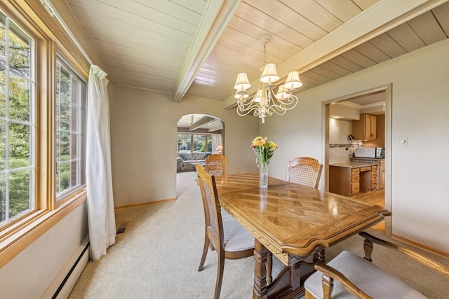 6 Old Timber Ln, Palos Park, IL 60464 - dining space featuring arched walkways, light carpet, wood ceiling, baseboard heating, and a chandelier