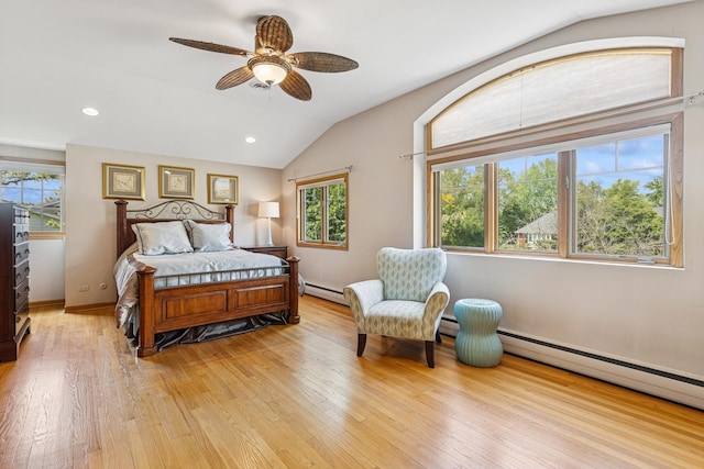 6 Old Timber Ln, Palos Park, IL 60464 - bedroom with light wood-style floors, baseboard heating, lofted ceiling, a ceiling fan, and recessed lighting
