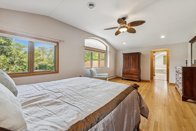 6 Old Timber Ln, Palos Park, IL 60464 - bedroom featuring lofted ceiling, baseboard heating, light wood-style flooring, baseboards, and recessed lighting