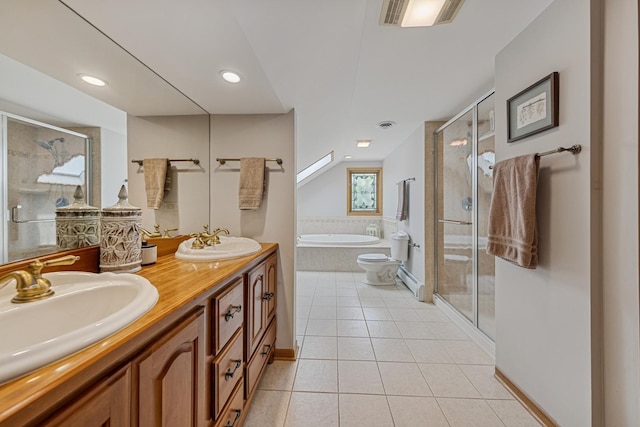 6 Old Timber Ln, Palos Park, IL 60464 - bathroom featuring tile patterned flooring, a stall shower, double vanity, a bath, and baseboards