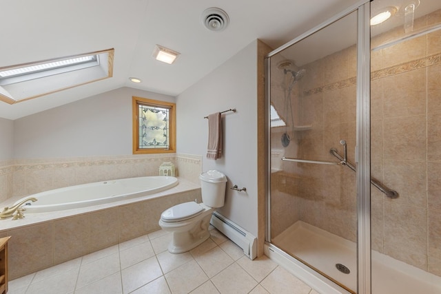 6 Old Timber Ln, Palos Park, IL 60464 - full bath featuring a baseboard heating unit, a shower stall, tile patterned flooring, a garden tub, and lofted ceiling