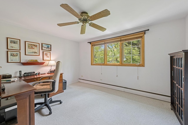 6 Old Timber Ln, Palos Park, IL 60464 - office area with a baseboard heating unit, ceiling fan, and light carpet