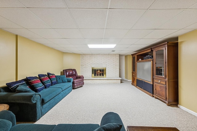 6 Old Timber Ln, Palos Park, IL 60464 - living room with light colored carpet, a fireplace, a drop ceiling, and baseboards