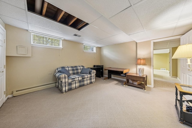 6 Old Timber Ln, Palos Park, IL 60464 - living area featuring a baseboard radiator, carpet flooring, and a drop ceiling