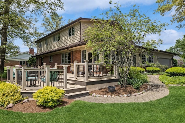 6 Old Timber Ln, Palos Park, IL 60464 - back of house featuring an attached garage, a wooden deck, a lawn, and brick siding