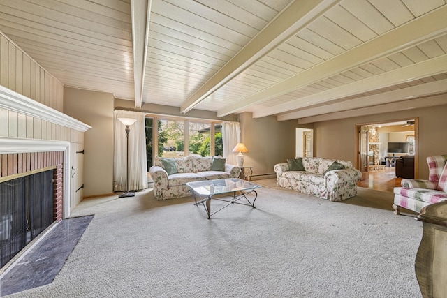 6 Old Timber Ln, Palos Park, IL 60464 - living room with beam ceiling, a fireplace, and carpet flooring