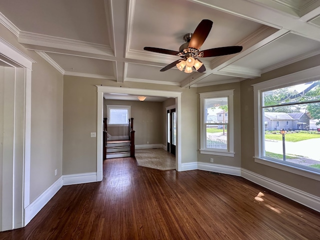 1527 7th St, Peru, IL 61354 - spare room with coffered ceiling, wood finished floors, baseboards, a ceiling fan, and beam ceiling
