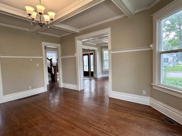 1527 7th St, Peru, IL 61354 - unfurnished dining area with a chandelier, beamed ceiling, dark wood-style flooring, baseboards, and ornamental molding