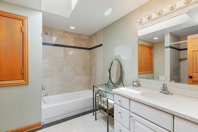 full bathroom with  shower combination, vanity, recessed lighting, and tile patterned flooring