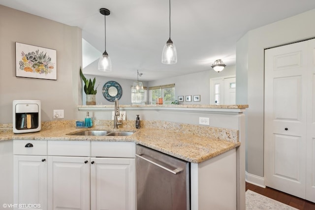 229 Concord Ln Unit 229, Carol Stream, IL 60188 - kitchen with dishwasher, a sink, white cabinets, a peninsula, and light stone counters