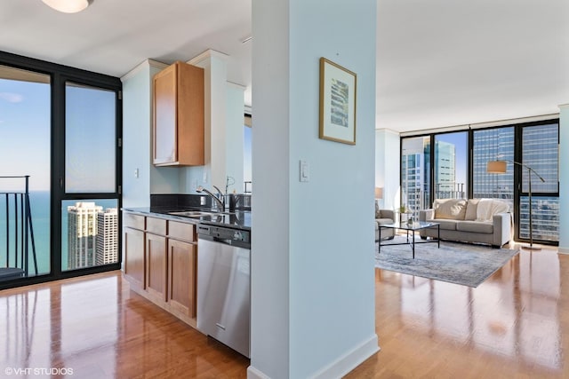 225 N Columbus Dr Unit 6006, Chicago, IL 60601 - kitchen featuring dishwasher, a wall of windows, light wood-type flooring, a sink, and dark countertops
