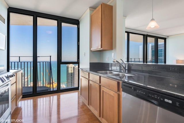 225 N Columbus Dr Unit 6006, Chicago, IL 60601 - kitchen featuring stainless steel dishwasher, a sink, a wall of windows, light wood-style floors, and dark stone counters