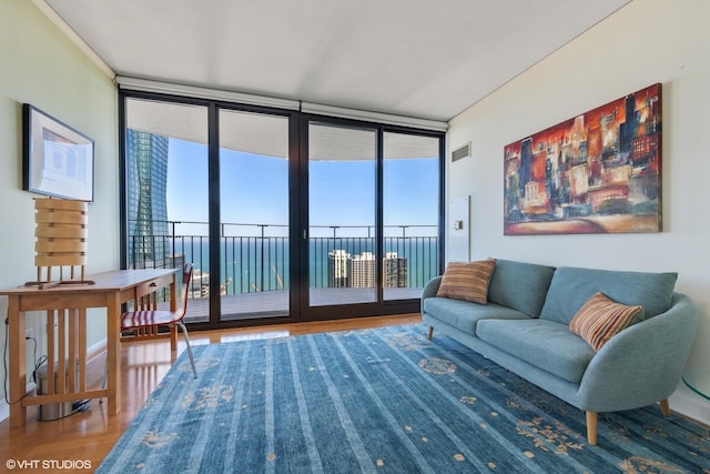225 N Columbus Dr Unit 6006, Chicago, IL 60601 - living room featuring floor to ceiling windows, wood finished floors, healthy amount of natural light, and a water view