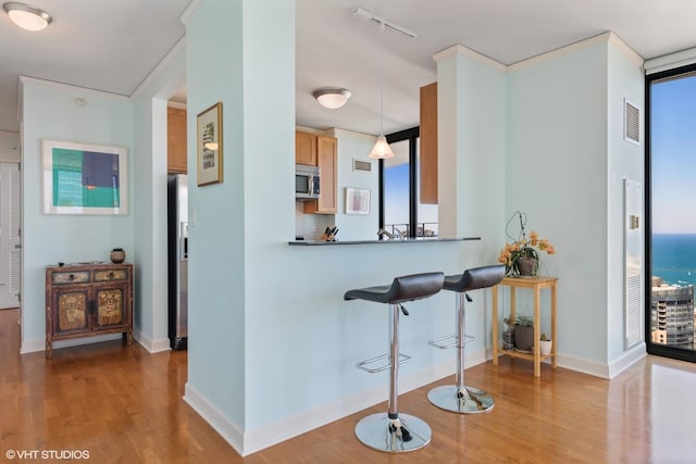 225 N Columbus Dr Unit 6006, Chicago, IL 60601 - kitchen featuring stainless steel appliances, wood finished floors, a breakfast bar area, and baseboards