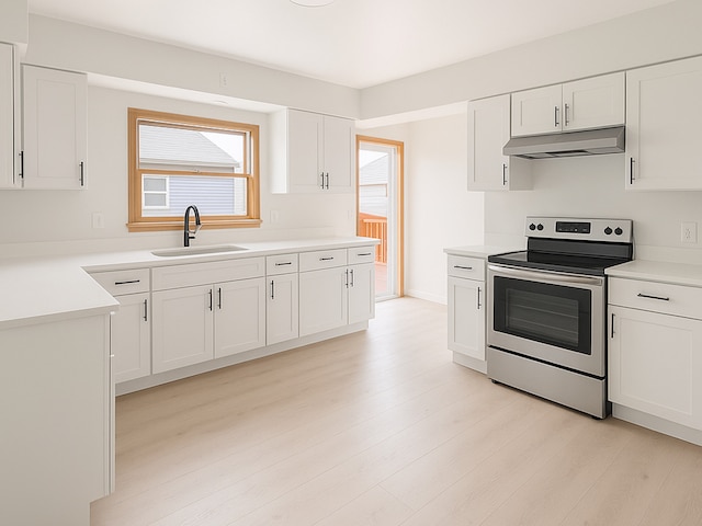 112 Burton Ave, Waukegan, IL 60085 - kitchen featuring stainless steel electric stove, a sink, under cabinet range hood, light wood-type flooring, and white cabinetry