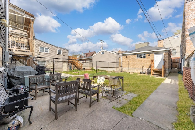view of patio / terrace with entry steps, an outdoor hangout area, area for grilling, and a residential view