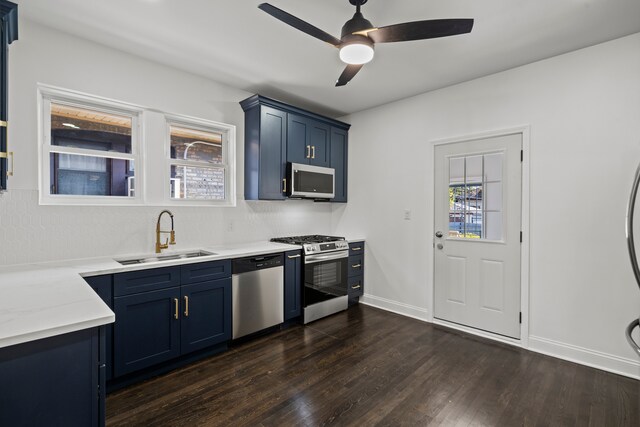 8241 S Aberdeen St, Chicago, IL 60620 - kitchen featuring stainless steel appliances, a sink, blue cabinets, and a ceiling fan