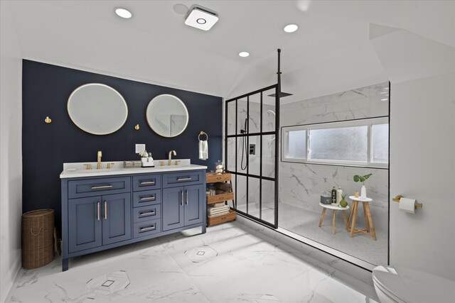 8241 S Aberdeen St, Chicago, IL 60620 - bathroom featuring marble finish floors, a marble finish shower, double vanity, recessed lighting, and toilet