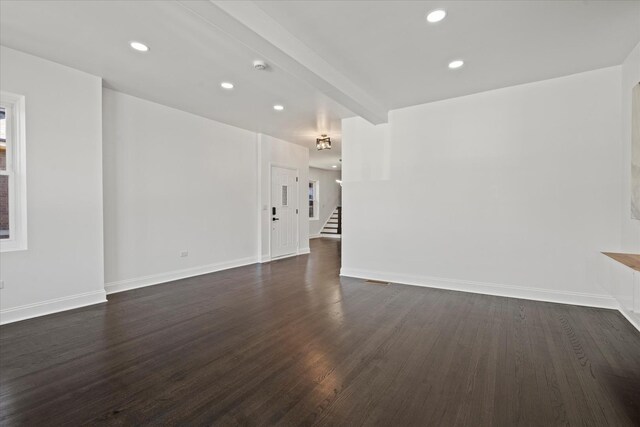 8241 S Aberdeen St, Chicago, IL 60620 - unfurnished living room featuring stairway, dark wood-type flooring, baseboards, and recessed lighting