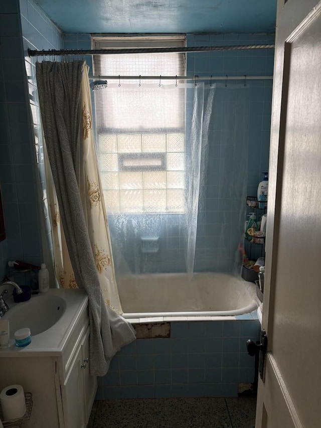 1529 S 50th Ct, Cicero, IL 60804 - full bathroom featuring tiled shower / bath combo, speckled floor, and vanity