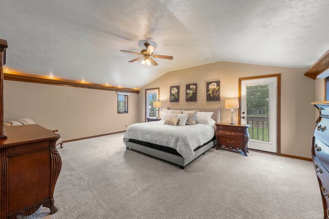 608 61st St, Lisle, IL 60532 - bedroom featuring light colored carpet, lofted ceiling, access to exterior, and a ceiling fan