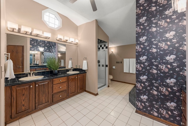 608 61st St, Lisle, IL 60532 - bathroom with lofted ceiling, a stall shower, double vanity, ceiling fan, and tile patterned floors