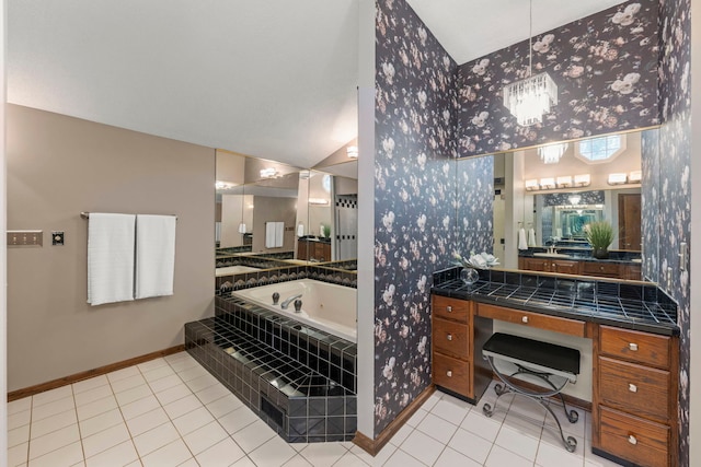 608 61st St, Lisle, IL 60532 - full bathroom with lofted ceiling, a whirlpool tub, wallpapered walls, tile patterned floors, and vanity