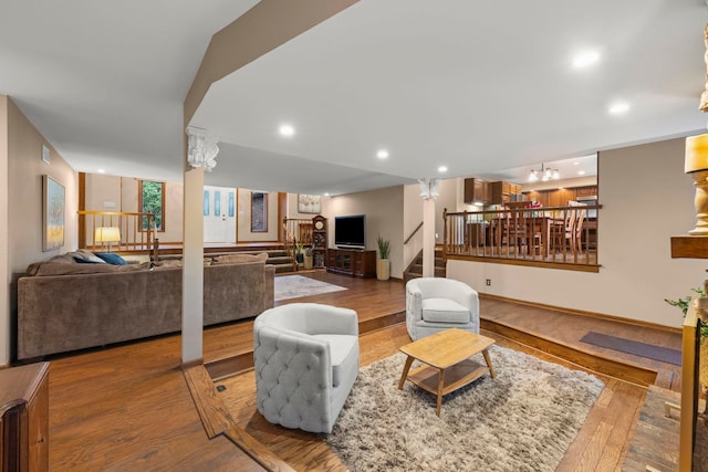 608 61st St, Lisle, IL 60532 - living area with stairway, wood finished floors, recessed lighting, and a chandelier
