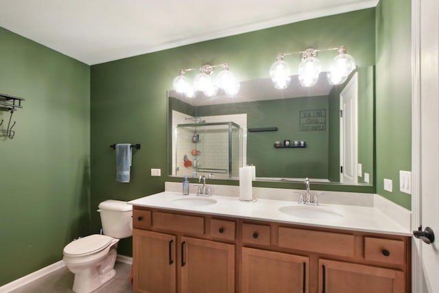4144 Calder Ln, Aurora, IL 60504 - bathroom with a stall shower, toilet, double vanity, tile patterned floors, and baseboards