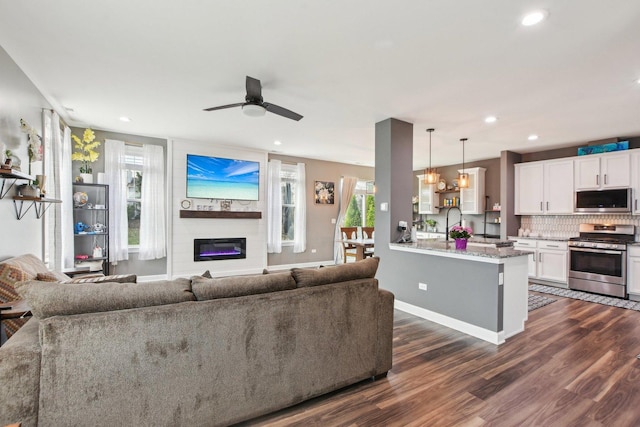 4144 Calder Ln, Aurora, IL 60504 - living area with a ceiling fan, dark wood-style floors, a fireplace, plenty of natural light, and recessed lighting