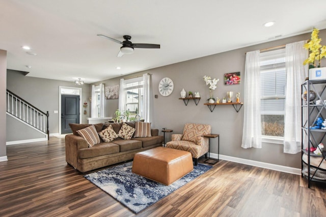 4144 Calder Ln, Aurora, IL 60504 - living room with stairway, wood finished floors, baseboards, ceiling fan, and recessed lighting