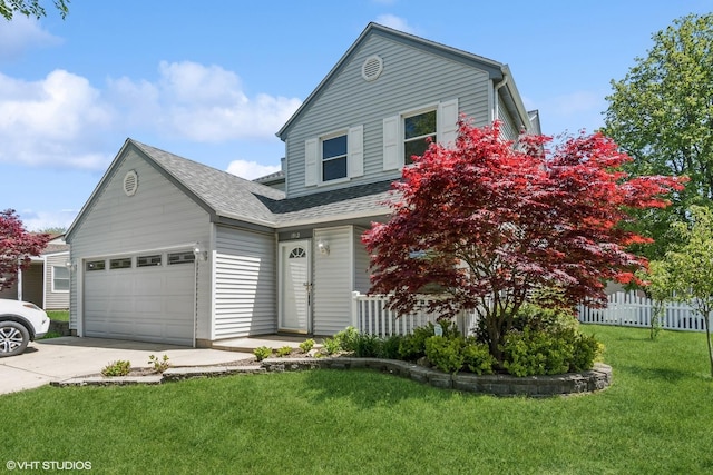 traditional home featuring roof with shingles, concrete driveway, a garage, and a porch