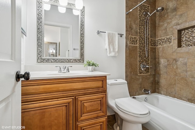 full bath with toilet, shower / bathtub combination, and vanity