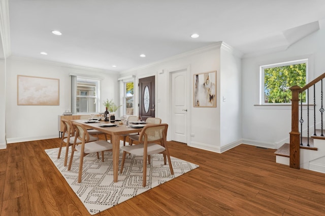 7337 N Mcvicker Ave, Chicago, IL 60646 - dining room featuring stairway, ornamental molding, wood finished floors, baseboards, and recessed lighting