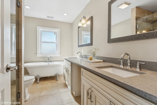 7337 N Mcvicker Ave, Chicago, IL 60646 - full bathroom with a soaking tub, a tile shower, tile patterned floors, double vanity, and recessed lighting
