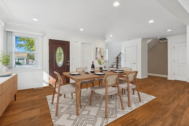 7337 N Mcvicker Ave, Chicago, IL 60646 - dining space featuring crown molding, baseboards, stairs, recessed lighting, and wood finished floors