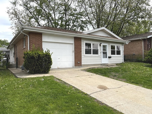 view of front of home featuring an attached garage, driveway, brick siding, and a front yard