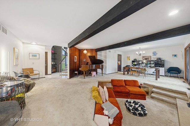 S070 River Ln, Winfield, IL 60190 - carpeted living area featuring a chandelier, stairway, beam ceiling, and baseboards